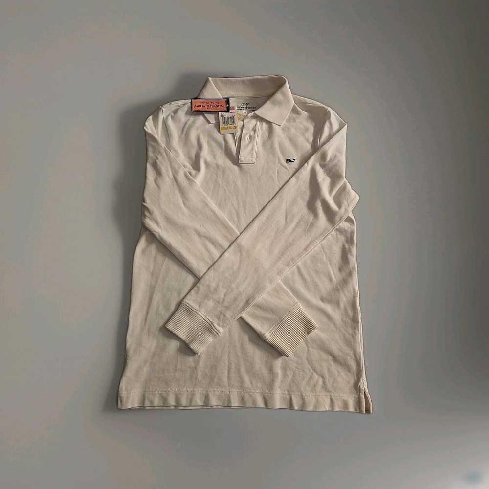 Vineyard Vines Top Boys Medium Popover Slub Polo Long Sleeve Cotton White